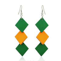 Load image into Gallery viewer, Holzohrringe Rauten lang 70 mm Tribal Ohrringe Holz bunt Edelstahl Ohrhänger Organic
