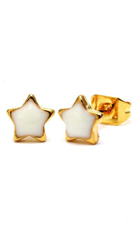 Cargar imagen en el visor de la galería, A pair of Brass Ohrstecker Stern 6 mm in gold with colorful enamel, nickel-free, made of brass, shown on a white background.
