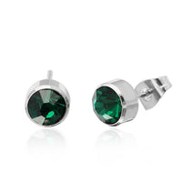 Load image into Gallery viewer, A pair of Brass Ohrstecker silber with 6mm round, faceted, colorful Glaskristall in bezel settings, displayed on a white background.
