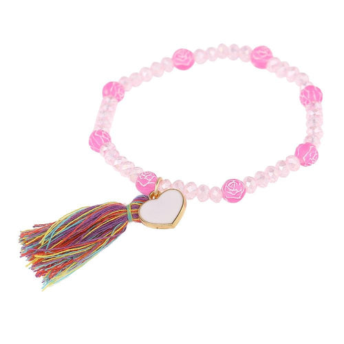 Armband Brass Emaille Herz weiß rosa Rosenperlen Kristalle Quaste bunt verstellbar - chic - net.de