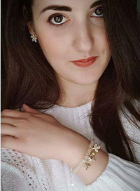 Load image into Gallery viewer, Armband Brass Perlen weiß hell Blätter Anhänger weißer Zirkonia Stein - chic - net.de
