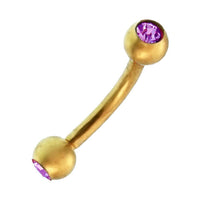 Cargar imagen en el visor de la galería, Banane Curved Barbell Piercing mit Kugeln goldfarben aus Edelstahl mit Glitzerstein in Lila - chic - net.de
