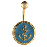 Load image into Gallery viewer, Bauchnabelpiercing goldfarben runde Platte blau Anker golden Edelstahl - chic - net.de
