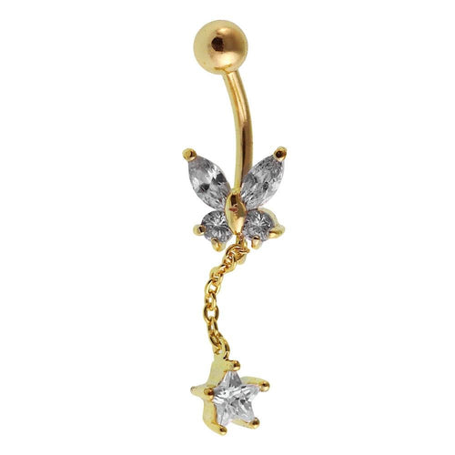 Bauchnabelpiercing goldfarben Schmetterling Stern weiß Zirkonia Edelstahl - chic - net.de