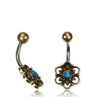 Load image into Gallery viewer, Bauchnabelpiercing Messing Edelstahl antik golden silbern Blüte blauer Opal - chic - net.de

