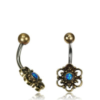 Load image into Gallery viewer, Bauchnabelpiercing Messing Edelstahl antik golden silbern Blüte blauer Opal - chic - net.de
