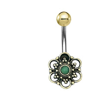 Load image into Gallery viewer, Bauchnabelpiercing Messing Edelstahl gold Blüte Jade - chic - net.de
