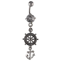 Load image into Gallery viewer, Bauchnabelpiercing silberfarben Schiffsruder Anker Zirkonia weiß Edelstahl - chic - net.de
