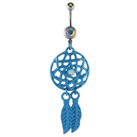 Load image into Gallery viewer, Bauchnabelpiercing silberfarben Traumfänger blau Federn Edelstahl - chic - net.de
