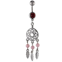 Cargar imagen en el visor de la galería, Bauchnabelpiercing silberfarben Traumfänger Federn rosa zwei Kugeln Edelstahl - chic - net.de
