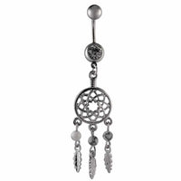 Cargar imagen en el visor de la galería, Bauchnabelpiercing silberfarben Traumfänger Federn weiß zwei Kugeln Edelstahl - chic - net.de
