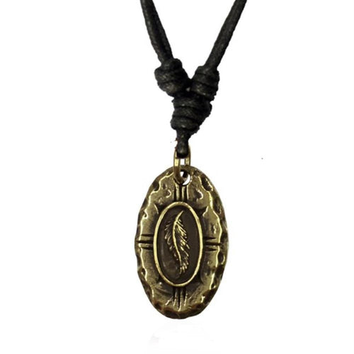 Baumwolle Kette schwarz Anhänger Indische Feder oval Brass antik golden - chic - net.de