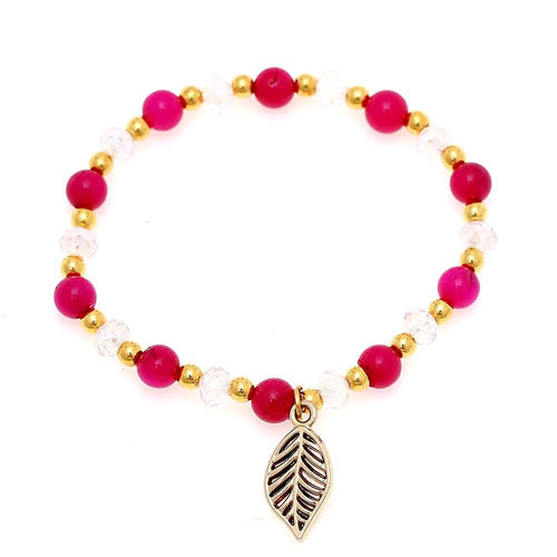 Brass Armband golden Achat pink Perlen Kristalle weiß Blatt Charm verstellbar facettiert - chic - net.de