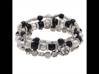 Load image into Gallery viewer, Brass Armband silbern dreilagig Elefant Herz Rosen schwarz Steinperlen verstellbar - chic - net.de
