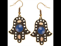 Load image into Gallery viewer, Brass golden Hamsa Khamsa Ohrringe blau weiß rosa Steine facettiert 30x35 mm - chic - net.de

