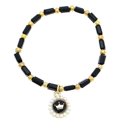 Brass golden schwarz Armband facettiert länglich Perlen Krone Charm verstellbar - chic - net.de