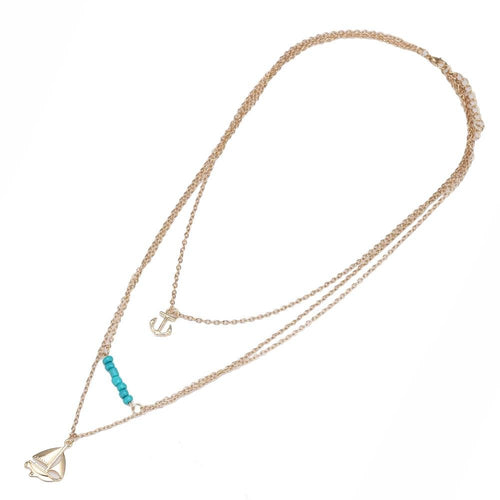 Brass Kette goldfarben dreiteilig Anker Segelschiff Steine türkisfarben fein ca.35 mm - chic - net.de