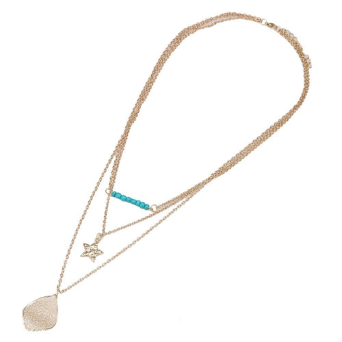 Brass Kette goldfarben dreiteilig Steine türkis Stern Blatt ca. 45cm - chic - net.de