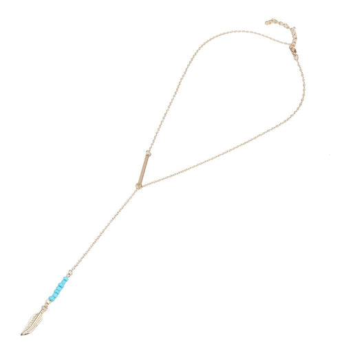 Brass Kette goldfarben Plättchen Steine türkis kleine Feder ca. 45cm - chic - net.de