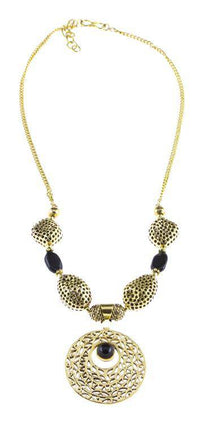 Cargar imagen en el visor de la galería, Brass Kette Halskette Kreis golden Onyx oval verschnörkelt Anhänger Brassperlen - chic - net.de
