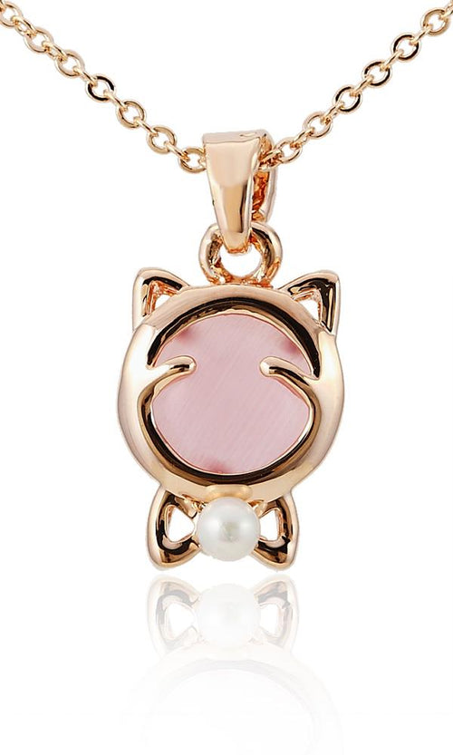 Brass Kette Kitty Katze nickelfrei Katzenauge rosa Perle gold Schleife 38 cm Karabiner - chic - net.de