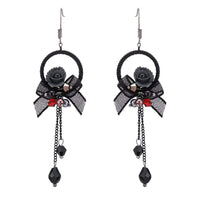 Cargar imagen en el visor de la galería, Brass Ohrringe silberfarben Kreis Stoff schwarz Blume Perlen Anhänger - chic - net.de
