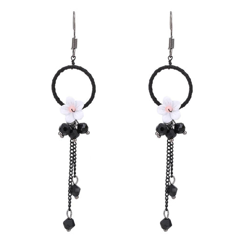 Brass Ohrringe silberfarben Kreis Stoff schwarz kleine Blume weiß Anhänger - chic - net.de