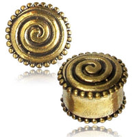 Cargar imagen en el visor de la galería, Brass Tunnel Plug Spirale Punkteränder antik golden Messing Expander Schmuck - chic-net.de
