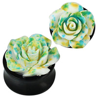Load image into Gallery viewer, 3D Plug Acryl weiß Rose türkis gelb gefleckt plastisch Piercing Ohrschmuck - chic-net.de
