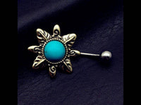 Load image into Gallery viewer, Bauchnabelpiercing Edelstahl Türkis gold Blume - chic-net.de
