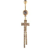 Load image into Gallery viewer, Bauchnabelpiercing golden Kreuz Reihen Zirkonia Steine zwei Kugeln Edelstahl - chic-net.de
