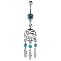 Load image into Gallery viewer, Bauchnabelpiercing silberfarben Traumfänger Federn türkis zwei Kugeln Edelstahl - chic-net.de
