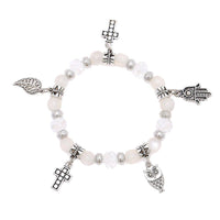 Load image into Gallery viewer, Brass Charm Armband silbern weiß Kristall Stein Perlen Kreuz Khamsa Blatt verstellbar - chic-net.de
