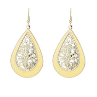 Cargar imagen en el visor de la galería, Brass golden gelbe Ohrringe Emaille Tropfen Farn verziert gewölbt 5 cm - chic-net.de
