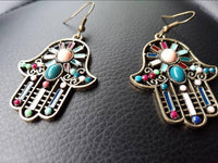 Cargar imagen en el visor de la galería, Brass golden Khamsa Ohrringe Sonne Emaille Streifen Steine bunt rosa türkis - chic-net.de
