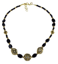 Load image into Gallery viewer, Brass Kette golden Onyx verziert Perlen Raute oval rund Stanzmuster Kugel - chic-net.de
