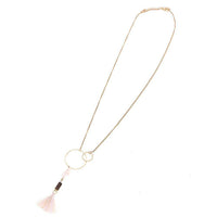 Load image into Gallery viewer, Brass Kette goldfarben fein Anhänger Ringe Steine rosa Kokosholz Quaste Länge ca 37 cm - chic-net.de
