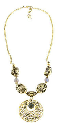 Load image into Gallery viewer, Brass Kette Halskette Kreis golden Labradorit verschnörkelt Anhänger Brassperlen - chic-net.de
