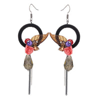 Cargar imagen en el visor de la galería, Brass Ohrringe silberfarben dicker Kreis schwarzer Stoff Blatt braun Rose Ketten - chic-net.de
