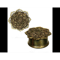 Cargar imagen en el visor de la galería, Brass Tunnel Plug Mandala Blume 3D Effekt antik golden Messing Expander Schmuck - chic-net.de
