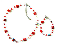 Load image into Gallery viewer, Damen Set Kette Armband Muranoglas rot mit Blümchen 8-9mm - chic-net.de
