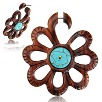 Cargar imagen en el visor de la galería, Fake Holz Piercing braun Blume Türkis gemasert Brass golden Steckverschluss - chic-net.de
