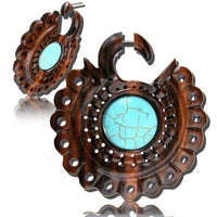 Load image into Gallery viewer, Fake Holz Piercing Narra Wood Türkis Inlay Rad Edelstahl Ohrstecker Organic Tribal - chic-net.de
