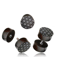 Load image into Gallery viewer, Fake Holz Plug Tamarinde Bone Inlay Blume des Lebens Edelstahl Organic Tribal - chic-net.de
