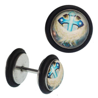 Load image into Gallery viewer, Fake Piercing Plug Edelstahl Kreuz blau schwarz Gummiring 7 mm - chic-net.de

