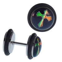 Load image into Gallery viewer, Fake Piercing Plug Edelstahl Kreuz grün rot schwarz Gummiring 7 mm - chic-net.de
