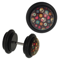 Load image into Gallery viewer, Fake Piercing Plug schwarz mini bunte Totenköpfe,Herzen und Blumen Gummiring 7 mm - chic-net.de
