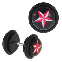 Load image into Gallery viewer, Fake Piercing Plug schwarz Stern rot und weiß Gummiring 7 mm - chic-net.de
