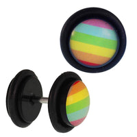 Load image into Gallery viewer, Fake Piercing Plug schwarz Streifen bunt Gummiring 7 mm - chic-net.de
