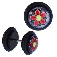 Cargar imagen en el visor de la galería, Fake Piercing Plug Tunnel Blume rote Blätter gelber Kern Acryl Gummiring 7 mm - chic-net.de
